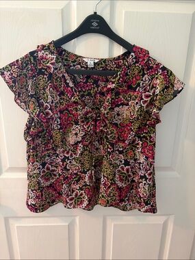 Tie-Neck Ruffle Floral Blouse in Black, Pink & Olive